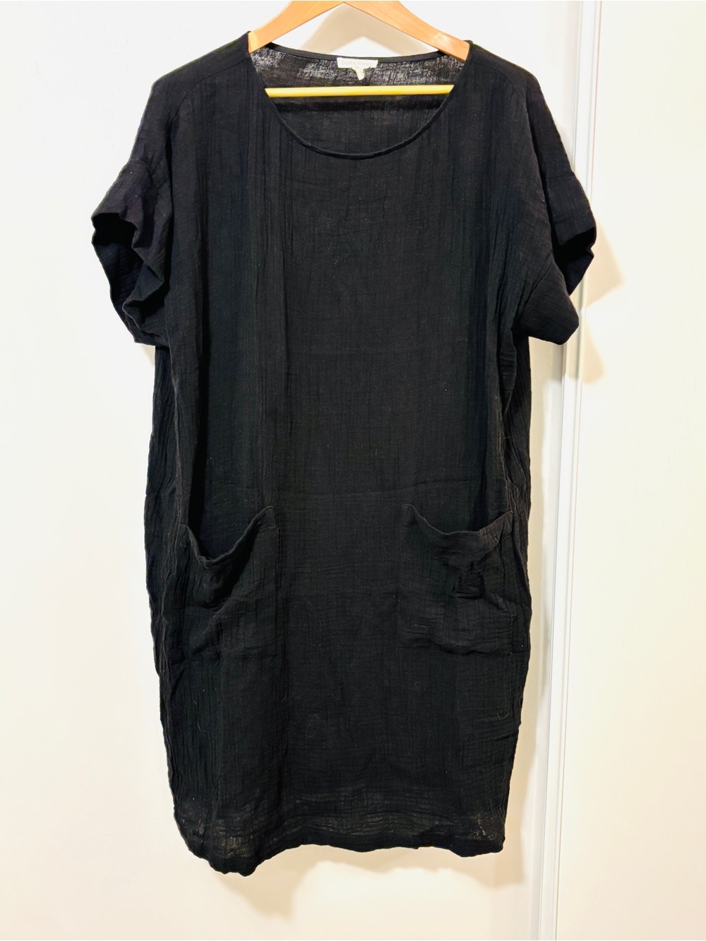 Eileen Fisher Double Gauze Midi Dress Size XL Solid Black Luxury Minimalist Soft
